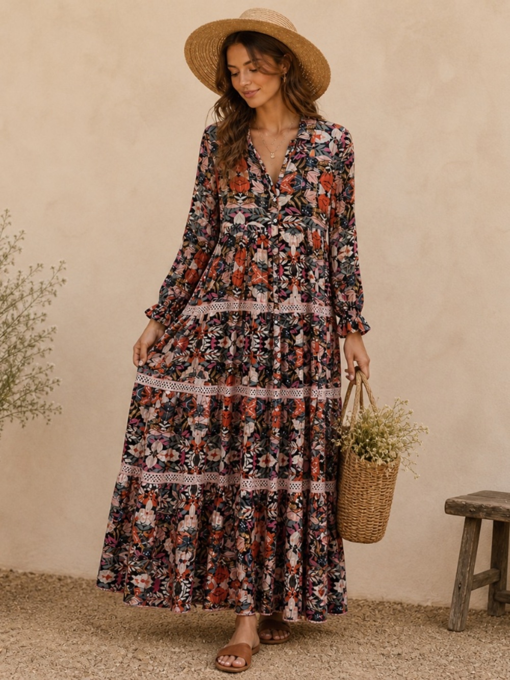 Barok Floral Cotton Tiered Button Front Maxi Dress Sz S/M Boho Prairie